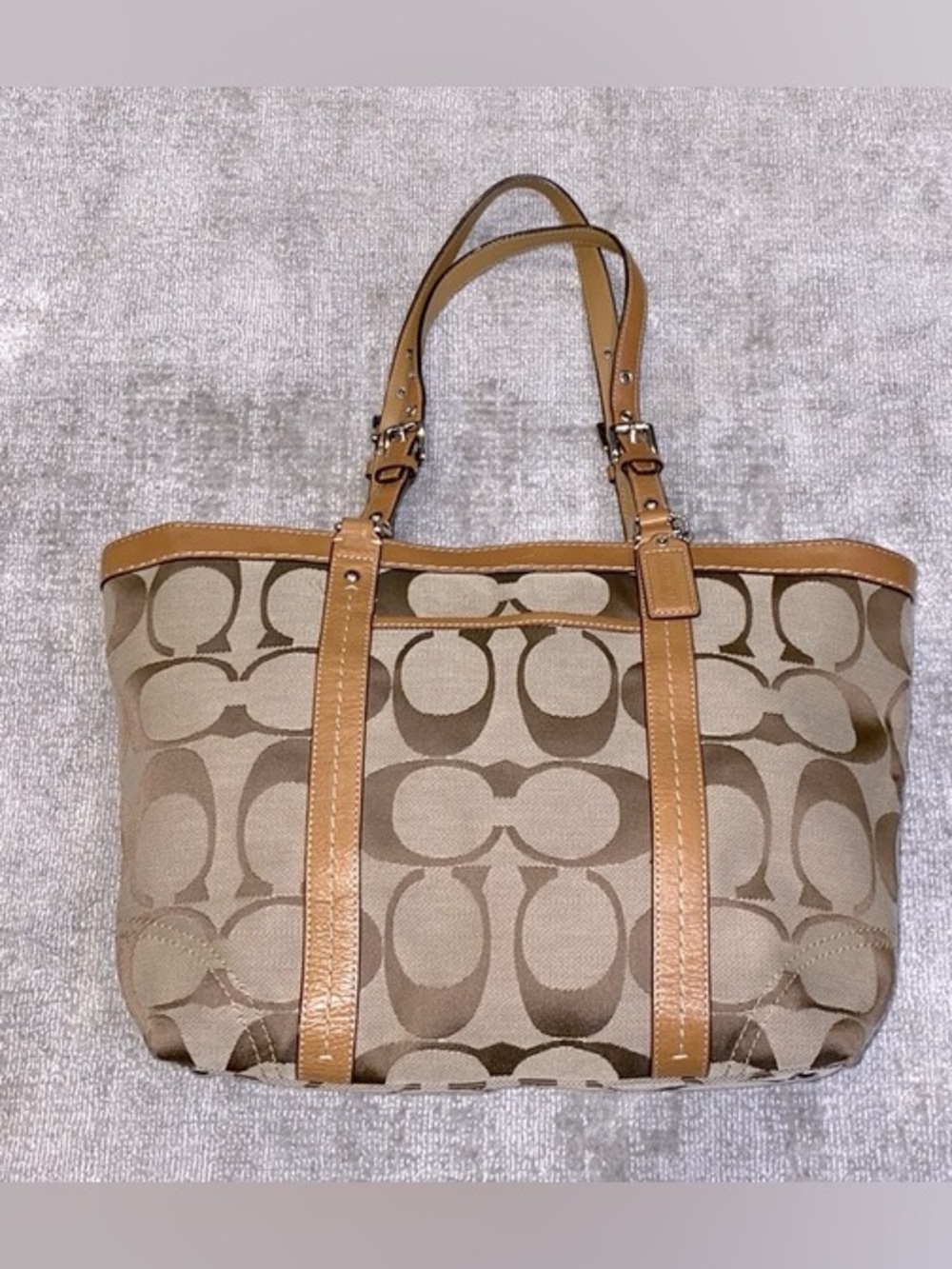 Coach Signature Jacquard khaki leather trim shoulder Vintage bag - Picture 3 of 9